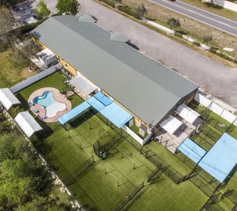 Overhead view of New Tampa Pet Resort building and play yards